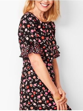Talbots Black Floral Midi Dress with Pink and Coral Blooms
